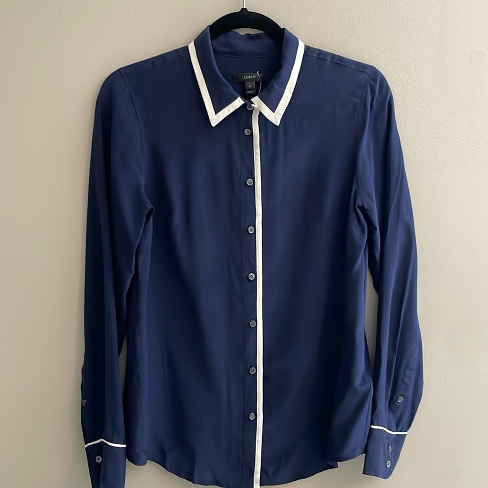J Crew silk blouse, navy and white size 4. NWT